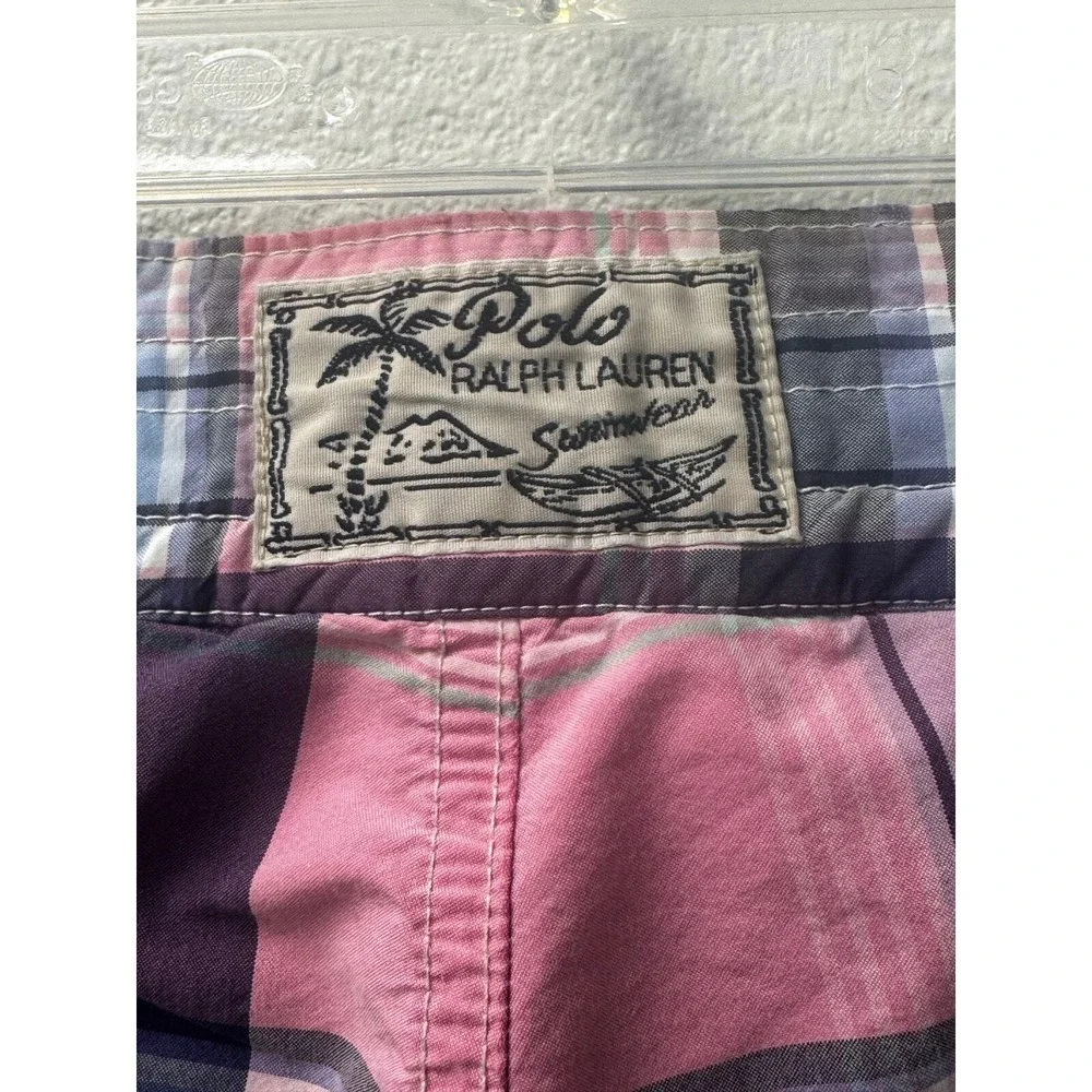 Polo Ralph Lauren Mens Swim Trunks Pink Purple Plaid Board Shorts 32 Inseam 7